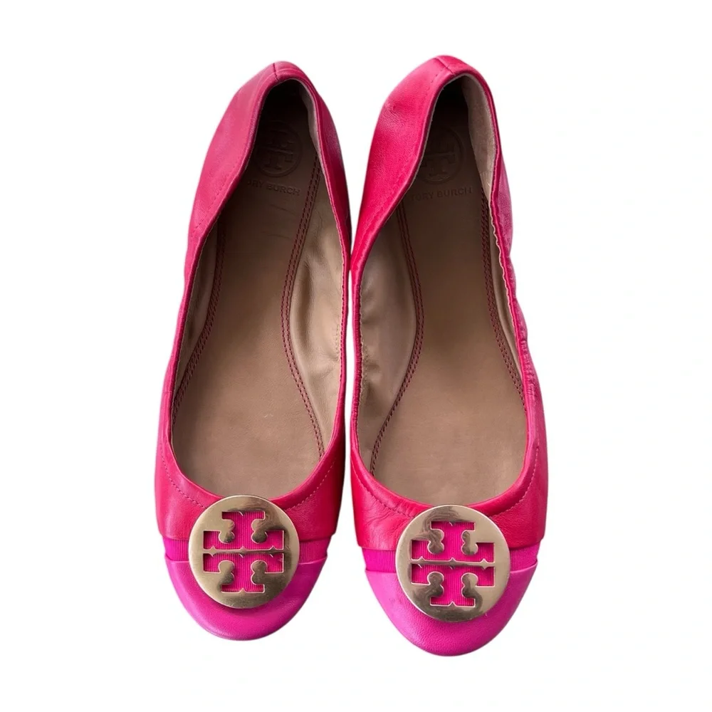 Tory Burch Cap Toe Colorblock Nappa Leather Minnie Ballet Flats Red Azalea Pink